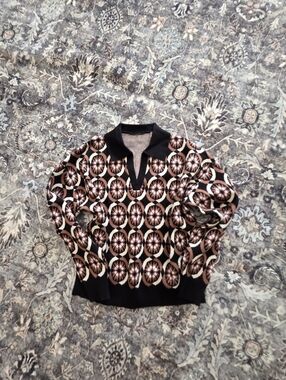 Tahari Black and Brown Geometric Polo Sweater